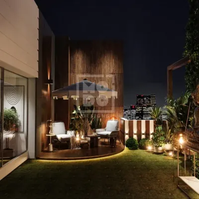 Breathe in the beauty of nature, right on your terrace. We designed this space as a green oasis in the heart of the city, with a raised wooden deck, comfortable seating, and ambient lighting.
