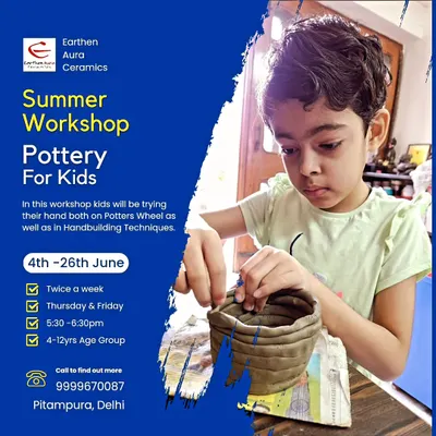 My summer workshops for kids are a great way for them to try both the potter's wheel and hand-building techniques. This poster features a young student focused on his coil pot.