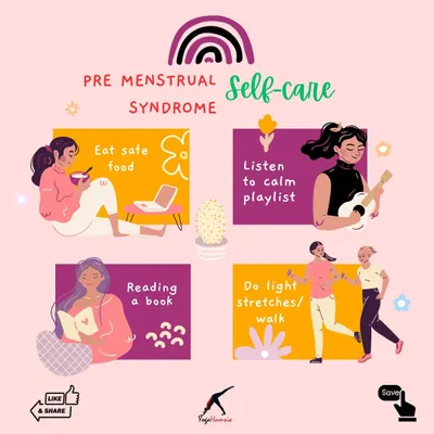 Pre-Menstrual Syndrome (PMS) can be managed with simple self-care practices. This infographic shows how eating safe food, listening to calm music, light exercise, and reading can help you navigate mood swings, fatigue, and cravings.