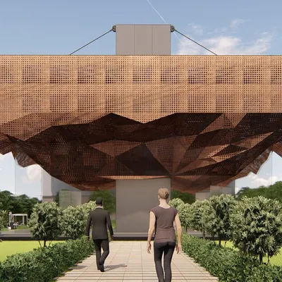 This conceptual design for the Alstone office features a massive cantilevered element. The form demonstrates the strength and versatility of Alstone cladding as a lightweight material, with a perforated and pleated skin that gives the large volume a sense of lightness.