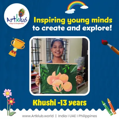 Thirteen-year-old Khushi inspires us with her beautifully realistic painting of oranges on a branch, showcasing advanced shading and composition.