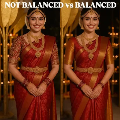 A side by side comparison showing how a simple change in blouse design creates a more balanced look. The heavy embroidery on the left widens the upper body, while the plain sleeve on the right creates a harmonious and proportionate silhouette for this South Indian bride.