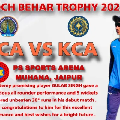 A huge congratulations to our promising all-rounder, Gulab Singh, for his tremendous performance in the Cooch Behar Trophy. Scoring an unbeaten 30 runs and taking 5 wickets in his debut match is a fantastic achievement.