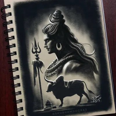My charcoal drawing of Lord Shiva with his Trishula and Nandi. This piece is a student favorite, and I teach the shading techniques needed to create this sense of divine power.
