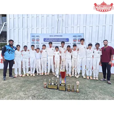 Our U-14 team with the championship trophy and individual awards after winning the 23rd Dronacharya Ramakant Achrekar Cricket Tournament. A proud moment for the players and coaches.