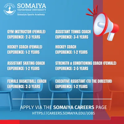 An announcement of our current job openings for various coaching and administrative roles at Somaiya Sports Academy.
