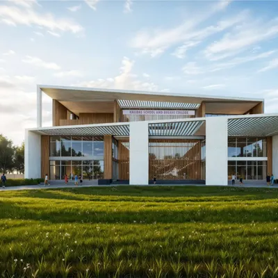 The main frontal view of the North Karnataka School and Degree College, designed to be both impressive and welcoming. The large glass walls on the ground floor create a visual connection with the outdoors, while the overarching roof structure unifies the entire entrance composition.