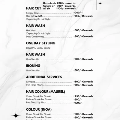 My service menu for haircuts, hair washes, styling, and individual color streaks. Prices for my senior stylists and myself are listed.