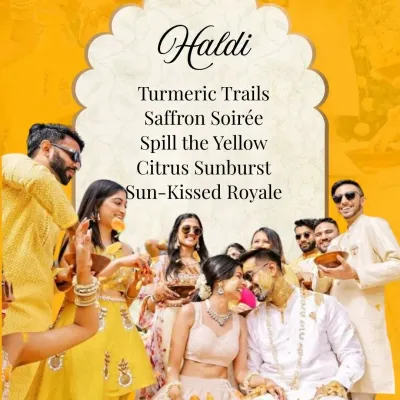 A fun-filled Haldi ceremony with the happy couple surrounded by friends and family. I love creating themes like 'Spill the Yellow' and 'Sun-Kissed Royale' to make the event unique.