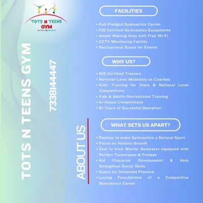 Here's a little about us. We are a full-fledged gymnastics center with certified trainers, focused on holistic growth and providing a space for unlimited practice.