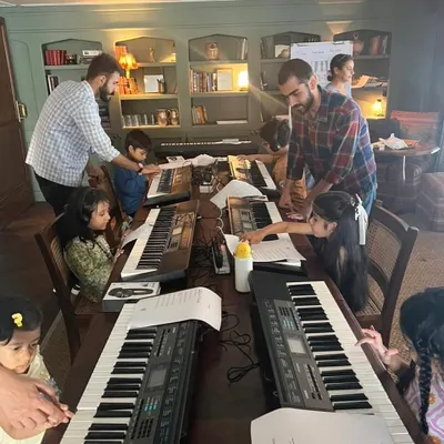 A fantastic group of young learners completely engaged in our keyboard workshop at Soho House Mumbai. Our mentors guide each child to discover the joy of making music.