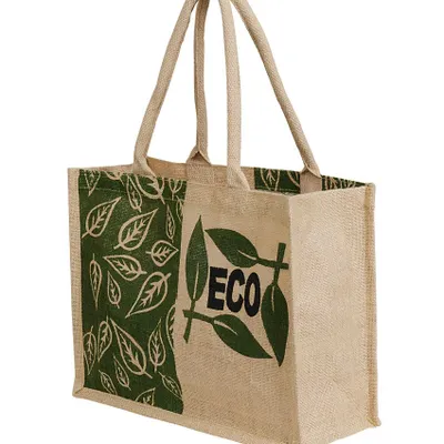 Reinforce your company's commitment to sustainability with a custom printed jute bag. This example features a strong environmental message and leaf motif, making it an effective and practical item for trade shows, conferences, and green marketing campaigns.