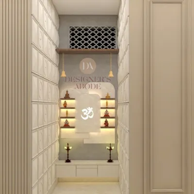 Even a narrow corridor can be transformed into a tranquil space for reflection. This 3D design shows a compact Mandir unit with soft, ambient lighting and clean lines, proving that a harmonious Puja corner can be created in any home, regardless of size.