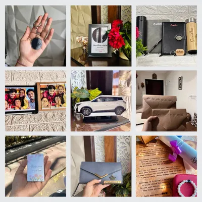 A collage showcasing the wide variety of products I've created. You can see everything from star maps and car standees to personalized wallets, gift sets, and collage frames.