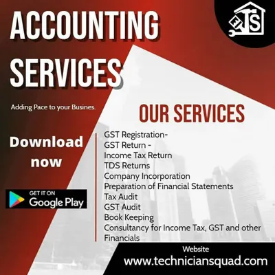 Our accounting services are built to support growing businesses. This graphic details the core offerings, from GST and income tax returns to company incorporation and tax audits, all managed by our professional team.