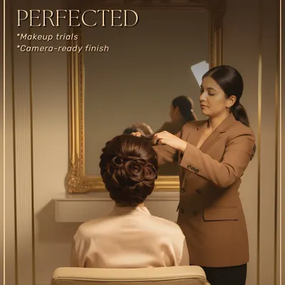 A glimpse into our bridal hair expertise. This elegant and intricate updo was crafted for a bride-to-be, ensuring every detail was perfect and camera-ready for her special day.