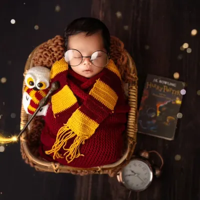A little bit of magic for this newborn's first photoshoot. This Harry Potter theme is one of my favorites, complete with a tiny wand and Gryffindor scarf to welcome the newest wizard to the family.