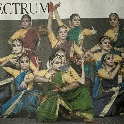 My Vivartana Dance Company featured in the 'Spectrum' section of The Hindu. This image captures the powerful group formation from our performance at the World of Women 2024 awards.