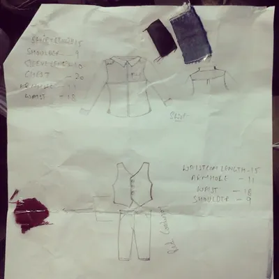 A look at the design process for a child's birthday outfit. This technical sketch includes measurements, fabric swatches, and drawings for a custom shirt, waistcoat, and trouser set.