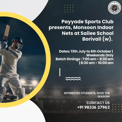 Don't let the rain stop your training. This graphic announces our Monsoon Indoor Nets program at Sailee School in Borivali, with details on dates and batch timings for weekend sessions.