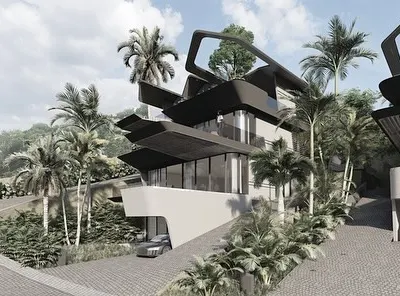 A perspective of the Dona Paula masterplan, showing how the villas are nestled into the sloping terrain. The dynamic, shifting roof forms are designed to create a unique skyline while providing shade and capturing sea breezes for passive cooling.