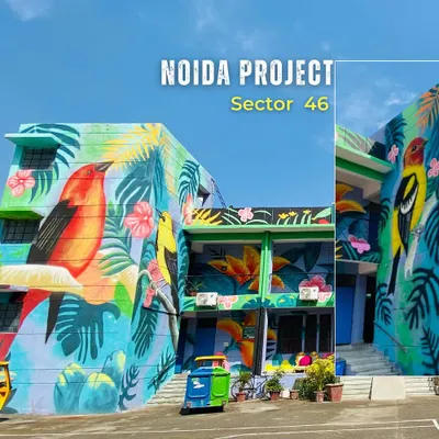 This large-scale mural at a Noida community center shows how I can transform an entire building into a vibrant piece of public art. The design features colorful Indian birds, bringing a touch of nature's beauty to the urban landscape.