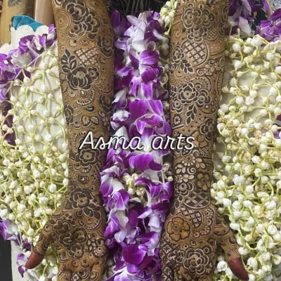 A complete look at one of my full-arm traditional mehendi designs, featuring a dense combination of flowers, leaves, and checkered patterns for a rich, celebratory feel.