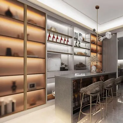 The ultimate home bar for the serious connoisseur. This design features a full-height, backlit display with frosted glass doors, a dedicated bar counter with seating, and extensive storage.