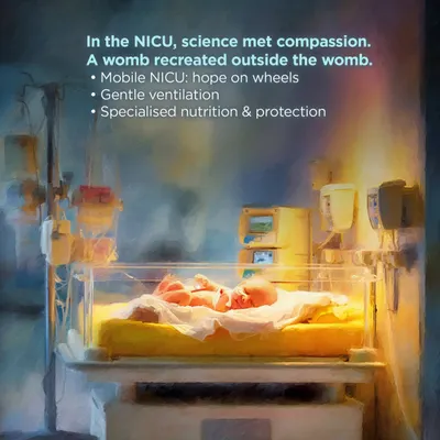 This is the heart of our NICU, an incubator that recreates the warmth and safety of the womb. We use this advanced technology to provide gentle ventilation, specialized nutrition, and constant monitoring, ensuring your baby receives the precise support they need for healthy development.