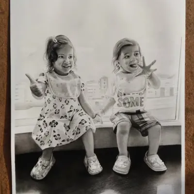 Pure cuteness in this A4 double portrait of two children, an order from Hyderabad. I loved capturing their joyful expressions and playful poses.