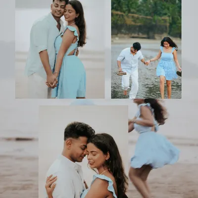 This collage captures the variety of a single beach shoot, from romantic embraces to playful walks in the water. It's a great way to tell the story of your day in one image.