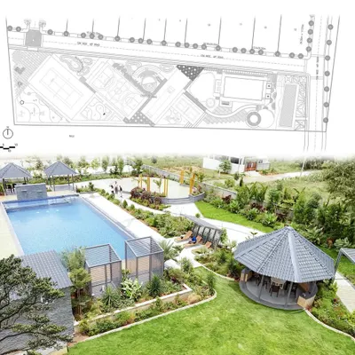 This image perfectly captures our process: the top shows the detailed landscape master plan, while the bottom shows the fully realized, lush green space at Serene Exotica.