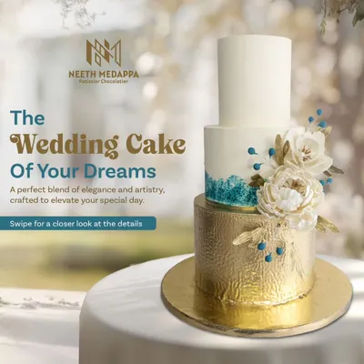 This is the wedding cake of your dreams, a perfect blend of modern elegance and artistry. It features a brushed gold bottom tier, a teal watercolor middle tier, and a clean white top tier, all adorned with handcrafted sugar flowers.