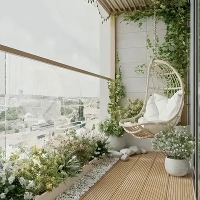 A serene and elegant balcony featuring a white wicker swing chair and lush climbing ivy. The wooden deck flooring and planter boxes filled with white flowers create a peaceful, garden-like atmosphere.