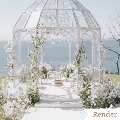 **The Vision:** A breathtaking glasshouse mandap concept, designed to feel open and ethereal against the ocean backdrop. This is the 3D render we presented to our clients.