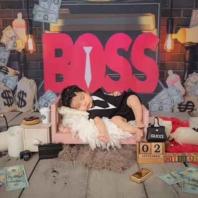 Here is the little boss, taking a well-deserved nap. This wide shot shows the full "Boss Baby" setup, complete with money bags and a tiny briefcase, for a truly unique newborn photo.