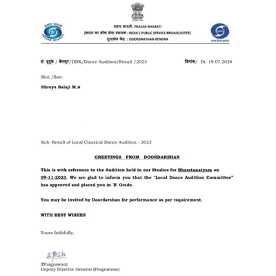The official letter from Doordarshan recognizing me as a 'B' Grade artist. This is a significant validation of my dedication to classical dance, following a rigorous audition process.