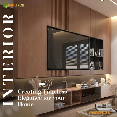 This is a signature TV unit I designed to embody timeless elegance. The full-wall, wood-paneled unit features open shelving for display and a low console with concealed storage, all highlighted by warm, ambient backlighting.
