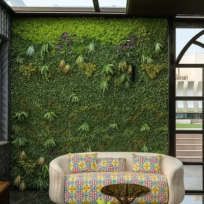 This artificial green wall serves as a stunning, maintenance-free backdrop. It adds texture, color, and a sense of nature to the room, perfectly complementing the modern furniture.