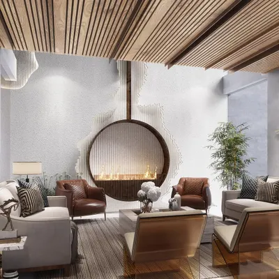 The final render of our circular fireplace concept. This image shows the complete vision, with the feature integrated into a textured wall, surrounded by curated furniture, and illuminated to create a warm, inviting focal point.
