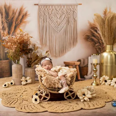 A beautifully styled bohemian scene featuring a sleeping newborn in a miniature wicker pram. The entire set is decorated with pampas grass, macrame, and jute for a cohesive, rustic look.