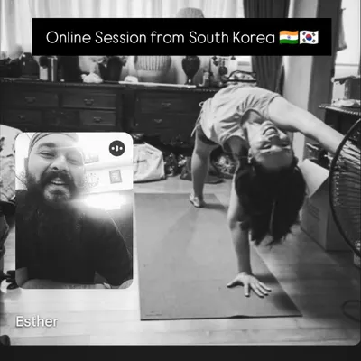 Technology allows us to connect with students anywhere. Here is an online session with our student Esther, all the way from South Korea, as she practices Chakrasana (Wheel Pose) with my virtual guidance.