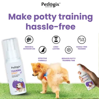 My Potty Training Spray is designed to make house training a puppy hassle-free. This image shows the product, which uses an effective, long-lasting formula to help reduce potty training time. It's suitable for both indoor and outdoor use.