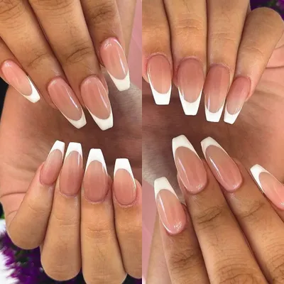 A perfect example of a classic French manicure on long, coffin-shaped acrylic extensions. The clean lines and glossy finish create a look of sophisticated elegance.