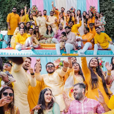 A collage showing the full energy of a Haldi ceremony, from the big group photo to the wild dancing moments. It's all about celebrating with your loved ones.
