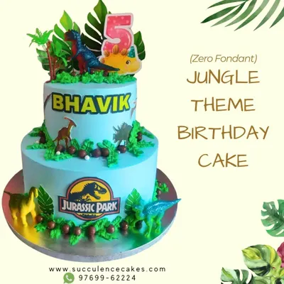 This two-tier Jurassic Park cake was an exciting challenge for a 5th birthday. I used different shades of blue and green cream to create a prehistoric landscape, complete with dinosaurs and jungle foliage, for a truly adventurous celebration.
