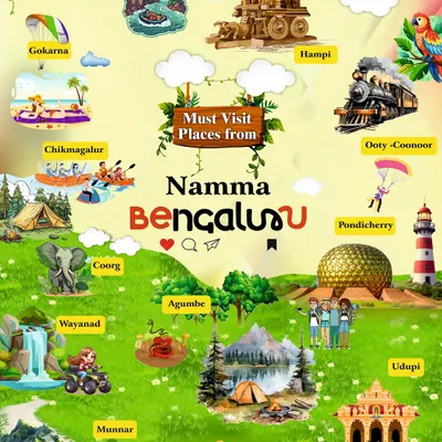 A visual map of all the must-visit places from Bangalore. Whether you want beaches, hills, heritage, or adventure, I've got a trip for you.