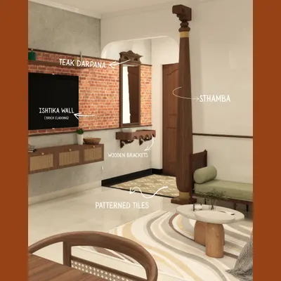 It always starts with an idea. This render shows the initial concept for the 'Kaalam' foyer, with the traditional sthamba, exposed brick wall, and patterned tiles. It's amazing to see how the vision came to life.