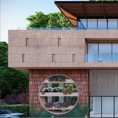 The facade of our biophilic residence in Dehradun, featuring a large circular cutout with integrated planters. This design element acts as a living green wall, seamlessly blending the architecture with the natural, forested landscape.