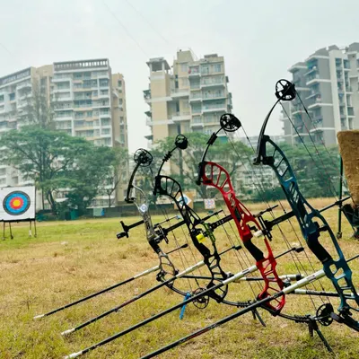 A lineup of high-performance compound bows on their stands, ready for action. We train with professional-grade equipment to prepare our archers for competition.